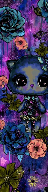 Free kawaii cats bookmark featuring a purple and blue floral cat with orange flowers